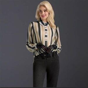 NWT CAbi caliber semi Sheer Striped Draped Blouse size S